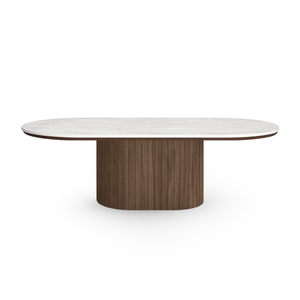 Bobby - Soikea sohvapöytä vaaleanbeige kivitasolla ja savutammi jalustalla 120x55x45 cm