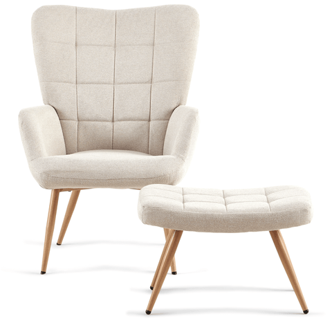 Allison nojatuoli jakkaralla - beige tekstiili tammi-ilmeellä