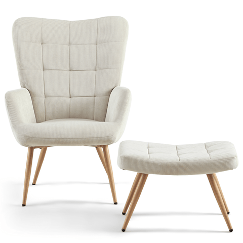 Allison nojatuoli jakkaralla - beige sametti tammi-ilmeellä