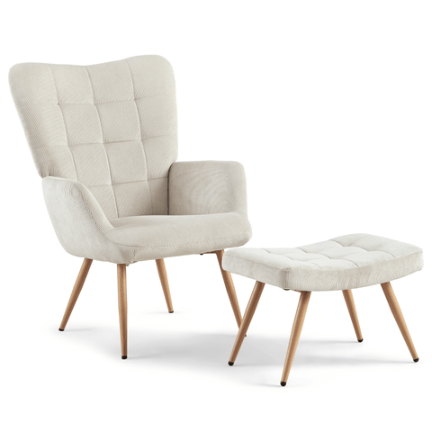 Allison nojatuoli jakkaralla - beige sametti tammi-ilmeellä