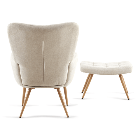 Allison nojatuoli jakkaralla - beige tekstiili tammi-ilmeellä