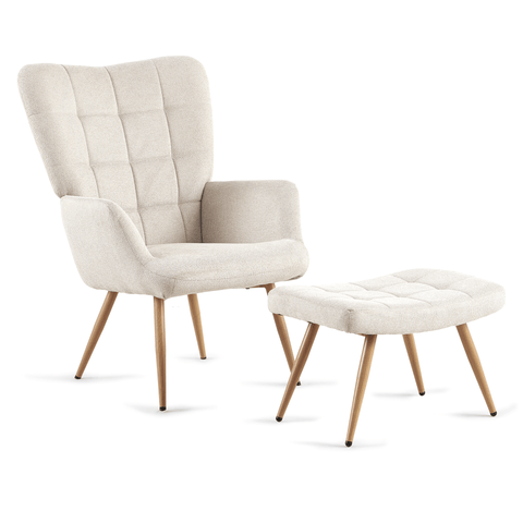 Allison nojatuoli jakkaralla - beige tekstiili tammi-ilmeellä