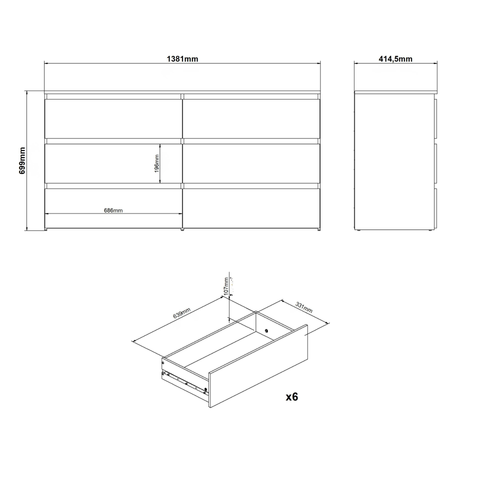 Maise lipasto 70x138x41 cm, 6 laatikkoa, valkoinen