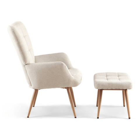 Allison nojatuoli jakkaralla - beige tekstiili tammi-ilmeellä