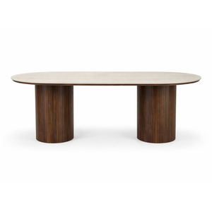 Enzo soikea ruokapöytä, jossa on kivinen pöytälevy beige ja lamellijalusta savutammi 220x100x76 cm