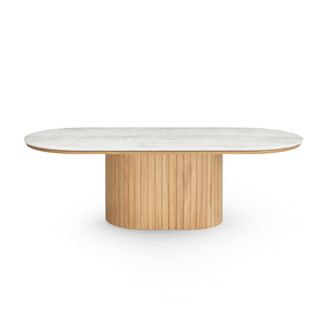 Bobby - Soikea sohvapöytä vaaleanbeigellä kivitasolla ja tammijalustalla 120x55x45 cm