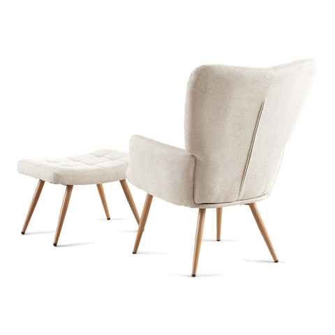 Allison nojatuoli jakkaralla - beige tekstiili tammi-ilmeellä