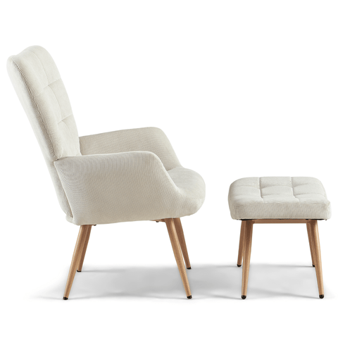 Allison nojatuoli jakkaralla - beige sametti tammi-ilmeellä